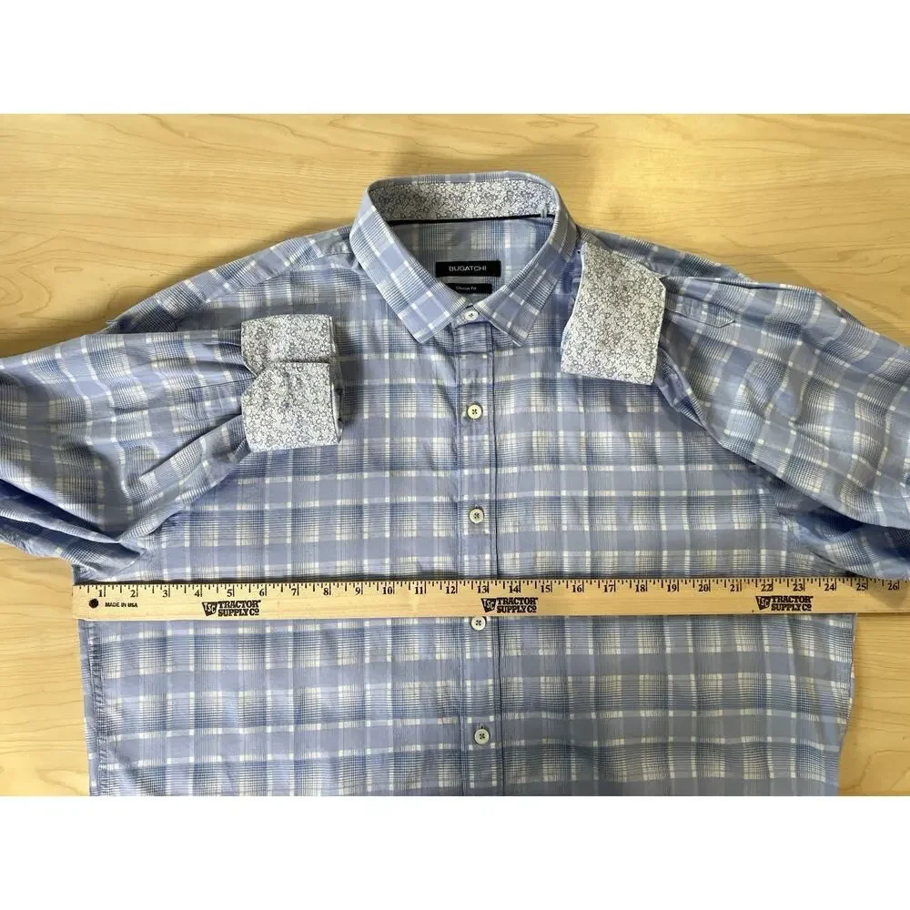 Bugatchi White & Blue Plaid Casual Button Down Shirt - Size Large - Classic Fit